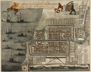 Mapa do castelo e da cidade de Batávia, na ilha de Java, actual Jacarta, Indonésia